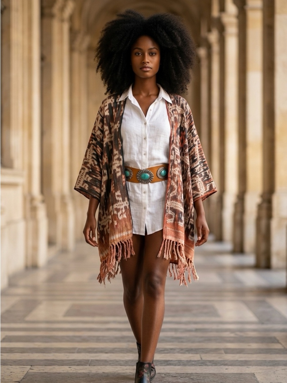 Boho Fringe Kimono in Rust & Brown
